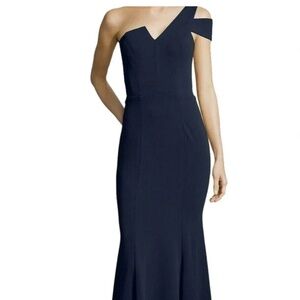 Betsy & Adam Midnight Blue One Shoulder Gown